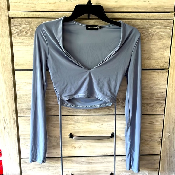 Powder Blue Slinky Long Sleeve Tie Waist Crop Top Pretty Little Thing - Picture 4 of 6
